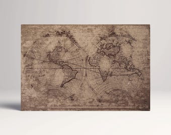 Old World Map Leather Print: Brown Hemispheres, Vegan Leather Wall Decor