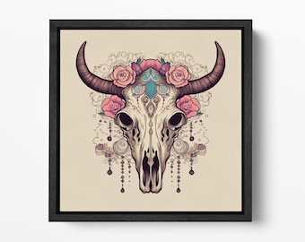 Floral Cow Skull Art PETA Approved Eco Leather Canvas Square Floating Frame