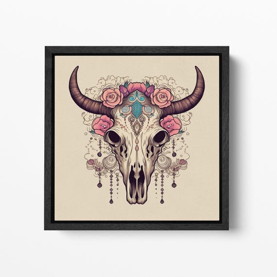 Floral Cow Skull Art PETA Approved Eco Leather Canvas Square