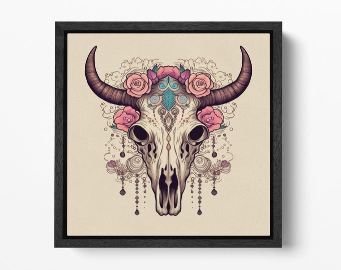 Floral Cow Skull Art Print - Boho Western Decor | Skull with Roses | Bohemian Tribal Wall Art Framed Canvas Eco Leather Print Made in Italy!