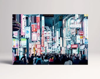 Tokyo Night Lights Shibuya Street Neon Glow Eco Leather Canvas Print, Made in Italy!