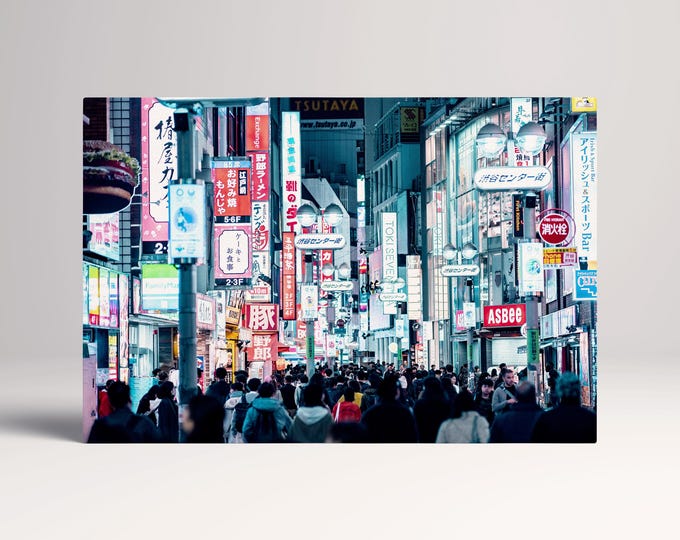Tokyo Night Lights Shibuya Street Neon Glow Eco Leather Canvas Print, Made in Italy!