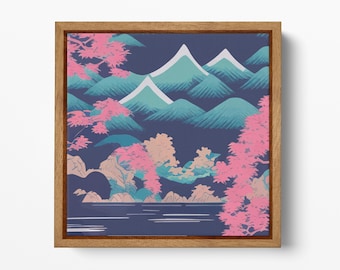Moonlit Sakura Japan Mountain Vegan Leather Wall Art Luxury Zen Nature Decor