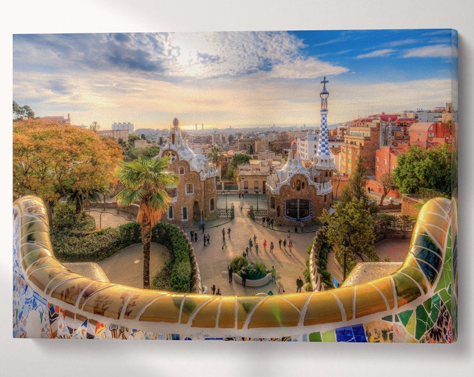 Barcelona Park Guell Vintage Filter Canvas Eco Leather Print, Made in Italy!