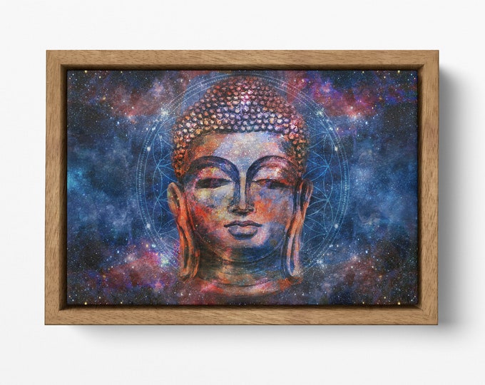 Buddha head mandala artwork framed wall art canvas eco leather print, Made in Italy!