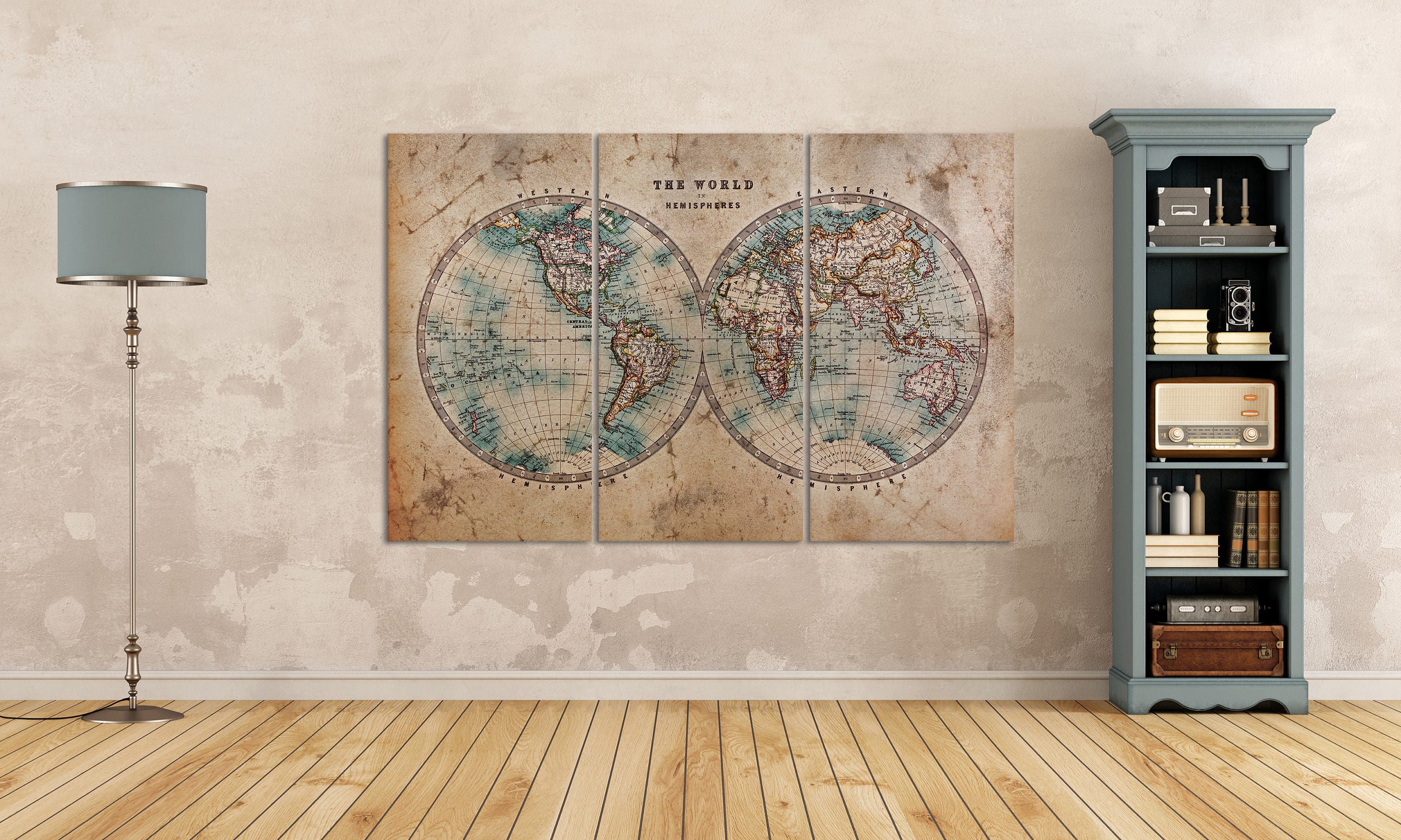 Large World Map World In Hemispheres Leather Printvintage World Map