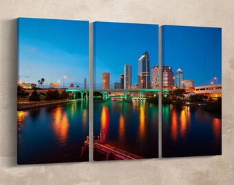3 Panel Florida Tampa Skyline at Sunset From Hillsborough River Leather Print/Large Tampa Print/Multi Panel Wall Art/Better than Canvas!