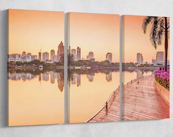 Bangkok Sunrise Vegan Leather Wall Art Luxury Thailand Cityscape Gallery Wrap