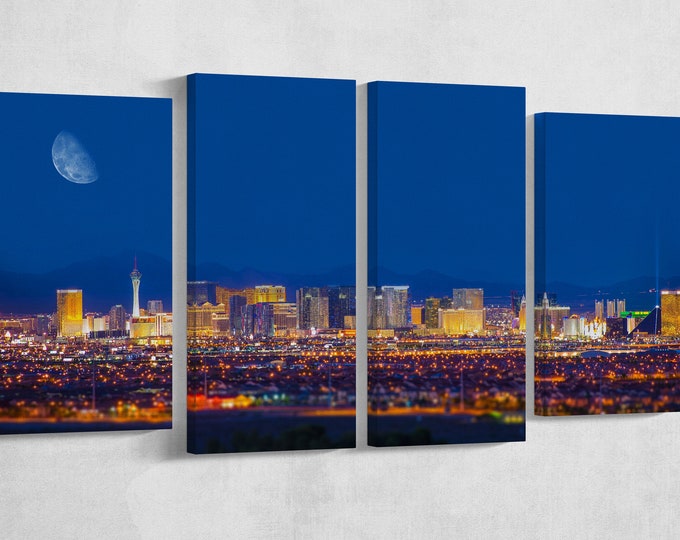 Las Vegas Strip and the Moon Leather Print/Extra large print/Multi Panel Print/Wall Art print/Wall decor print/Las Vegas/Better than Canvas!