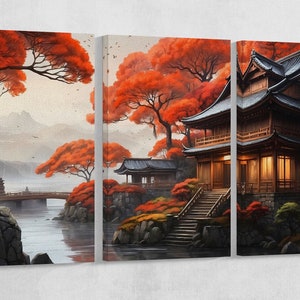 Tempio Giapponese manga su fiume in autunno canvas stampa su tessuto ecopelle Made in Italy