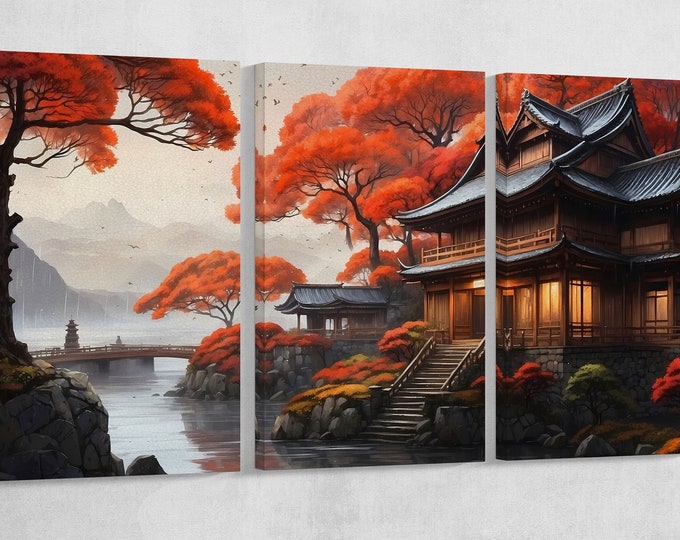 Japan Autumn Temple In The Morning Manga Wall Art Home Decor Framed Canvas Print, Made in Italy!