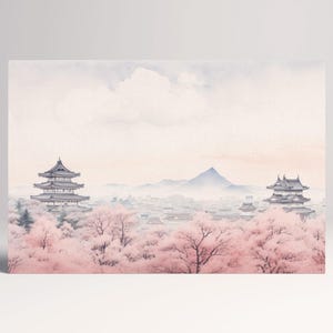 Ciliegi in Fiore Toni Delicati Rosa e Templi Maestosi Stile Giapponese Canvas Stampa su Tessuto Eco Pelle, Made in Italy!