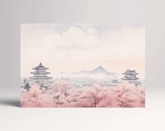 Cherry Blossom Japanese Temple Eco Leather Wall Art Single and Multi Panel Triptych