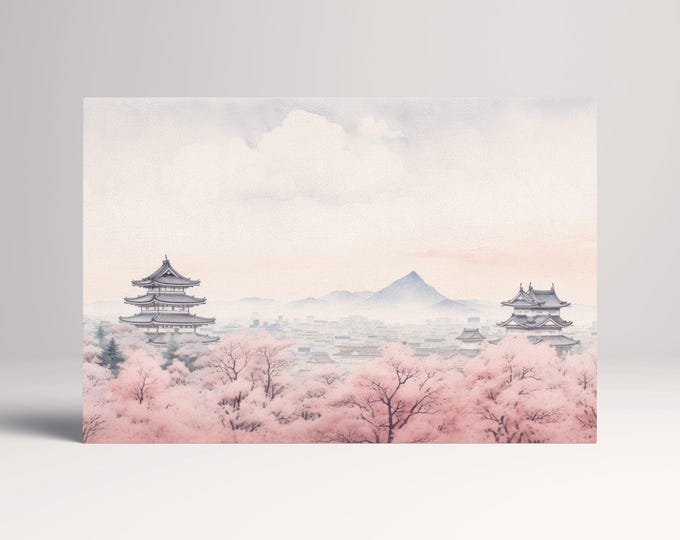 Cherry Blossom Delicate Pink Hues and Majestic Temples Canvas Japanese Wall Art Eco Leather Print, Made in Italy!