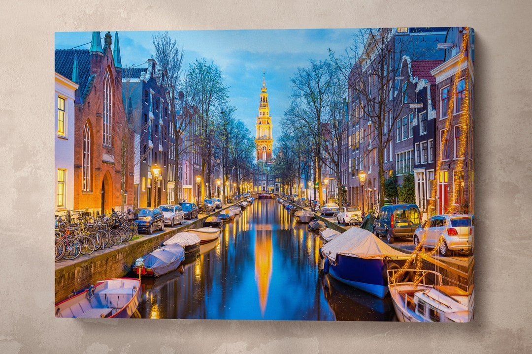 Amsterdam Canal Canvas Eco Leather Wall Art Print, Made in Italy! - Etsy