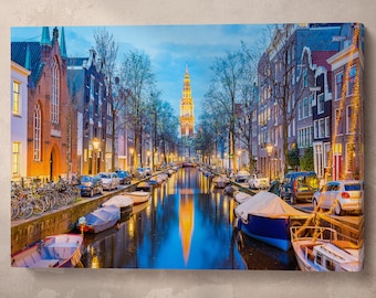 Amsterdam Canal Canvas Eco Leather Wall Art Print, Made in Italy!