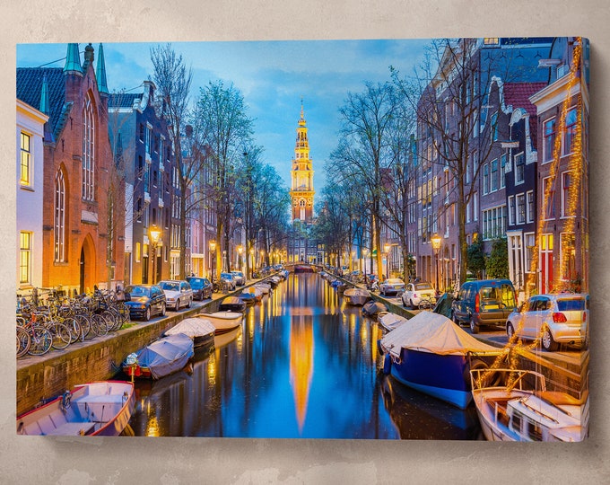 Amsterdam Canal Canvas Eco Leather Wall Art Print, Made in Italy!