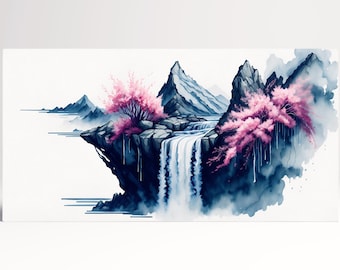 Cherry Blossom Waterfall Landscape PETA Approved Eco Leather Single Triptych Wall Art