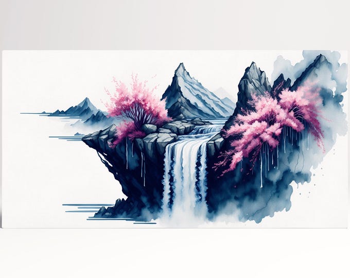 Japan Cherry Blossom Waterfall Ink Artwork Landscape White Background Wall Art Home Decor Framed Canvas Print, Made in Italy!