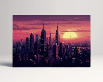 New York Sunset Pixel Art Skyline PETA Approved Eco Leather Multi Panel Art
