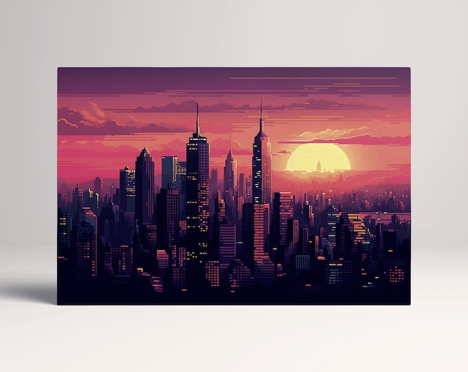 New York Sunset Skyline 8-Bit Pixel Art Wall Art Eco Leather Home Decor Canvas Print, Made in Italy!