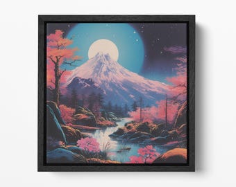 Moonlit Majesty Japanese Mountainscape PETA Approved Faux Leather Wall Art