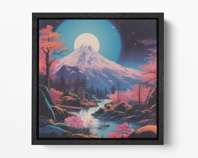 Moonlit Majesty Japanese Mountainscape Wall Art Canvas Eco Leather Print, Made in Italy!