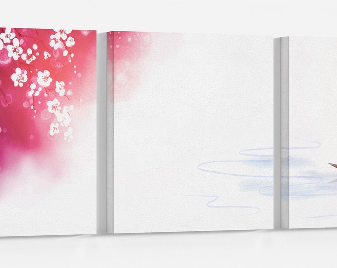 Japanese Lake Fisherman Sakura Landscape Wall Art Framed Eco Leather Canvas Print, Made in Italy!