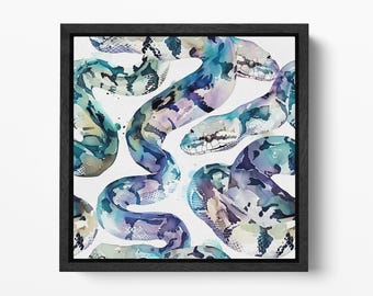Watercolor Python Snake Print PETA Approved Eco Leather Framed Luxury Wall Art