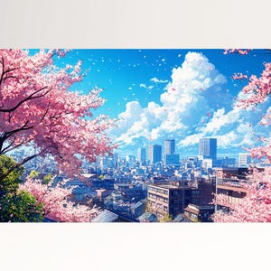 Sakura Skyline Fioritura Dei Ciliegi Giappone Canvas Stampa su Tessuto Ecopelle Made in Italy
