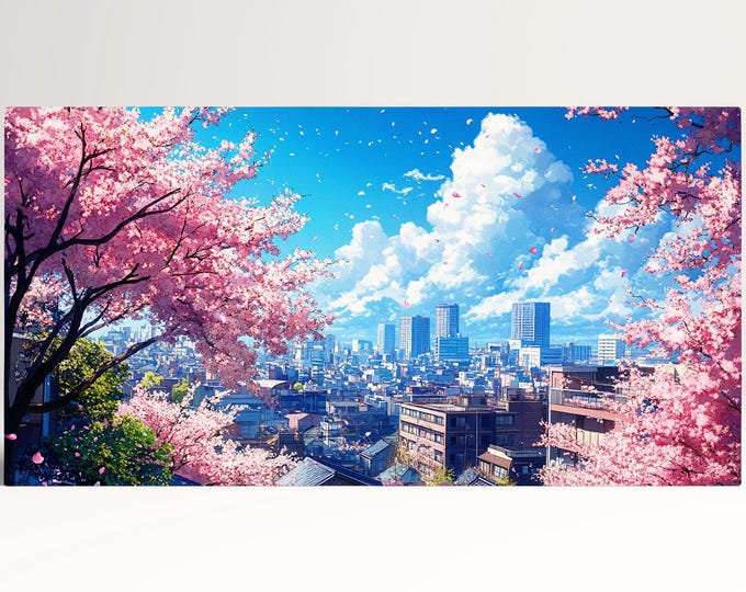 Sakura Skyline Urban Spring Blossom Canvas Wall Art Framed Print on Eco Leather, Made in Italy!