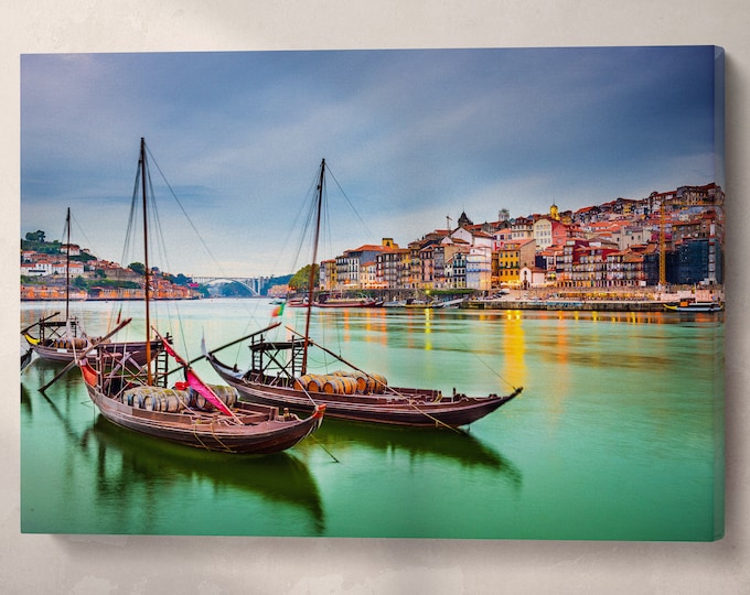 Porto Portugal Douro River with Traditional Rabelo Boats Canvas Eco Leather Print, Made in Italy!