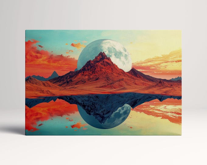 Cosmic Reflections of the Fiery Mountain - Surreal Digital Art Eco Leather Canvas Print, Made in Italy!