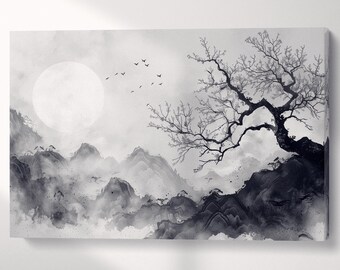 Chinese Lunar Landscape Ink Art Print: Vegan Leather Wall Decor