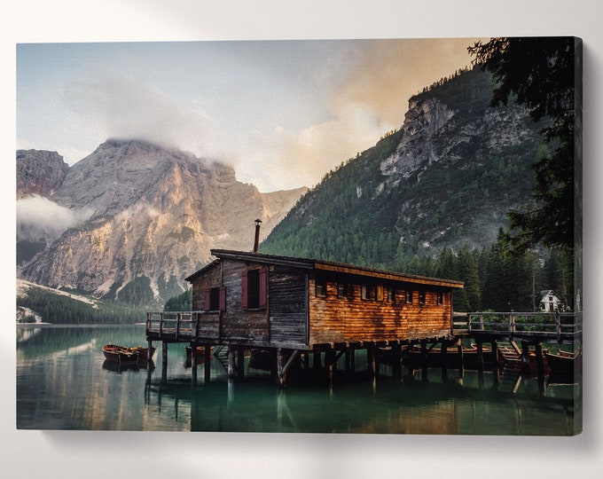 Lake Braies wooden house wall art canvas eco leather print, Made in Italy!