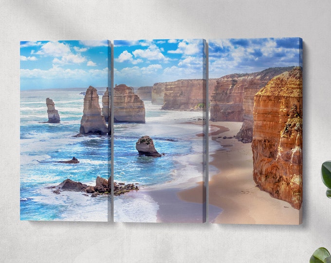 Twelve Apostles and orange cliffs along the Great Ocean Road, Australia framed canvas leather print/Large wall art/Made in Italy