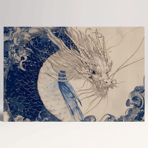 Drago Leggendario tra le Nuvole Stampa su Tela Arte Giapponese Tradizionale Decorazione da Parete Canvas su Tessuto Ecopelle, Made in Italy!