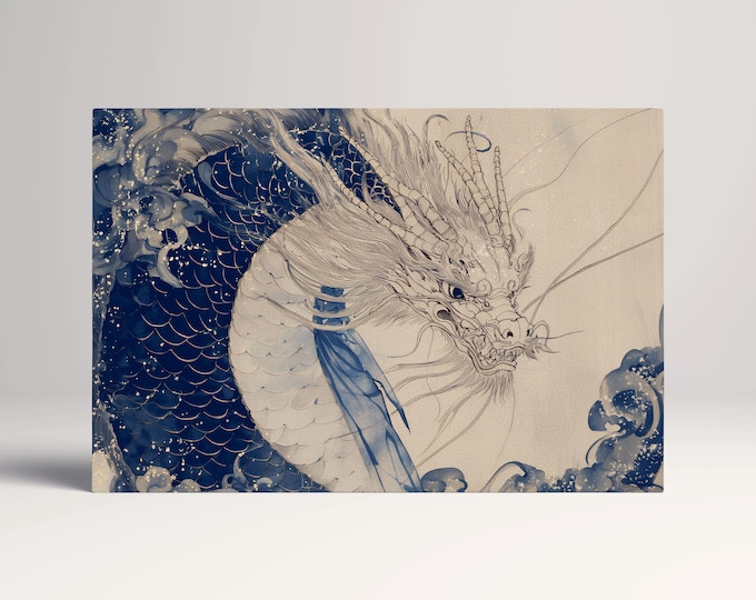 Legendary Dragon in Clouds Traditional Japanese Art Canvas Home Art Wall Decor Eco Leather Print, Made in Italy!
