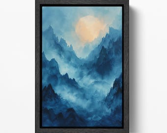 Misty Blue Mountain Peaks Eco Leather Wall Art Print