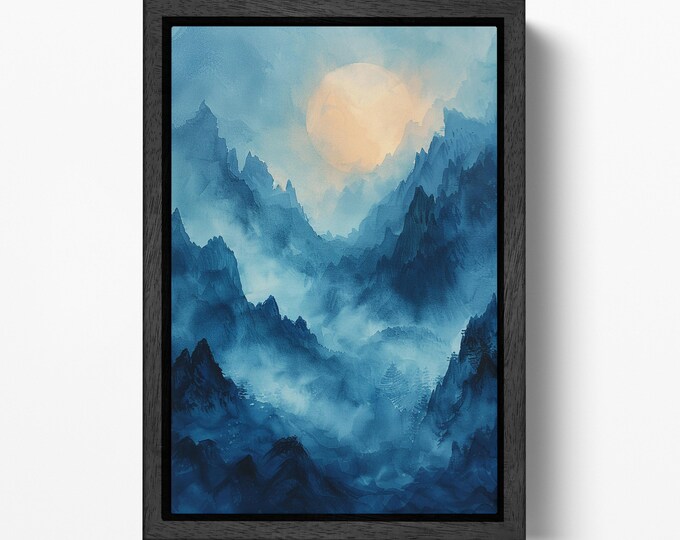 Misty Blue Mountain Peaks - Eco Leather Wall Canvas Print, Made in Italy!