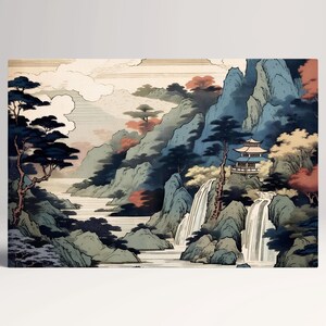 Pagoda dell Cascata Arte da Parete Stile Ukiyo-e Canvas Stampa su Tessuto Ecopelle, Made in Italy!