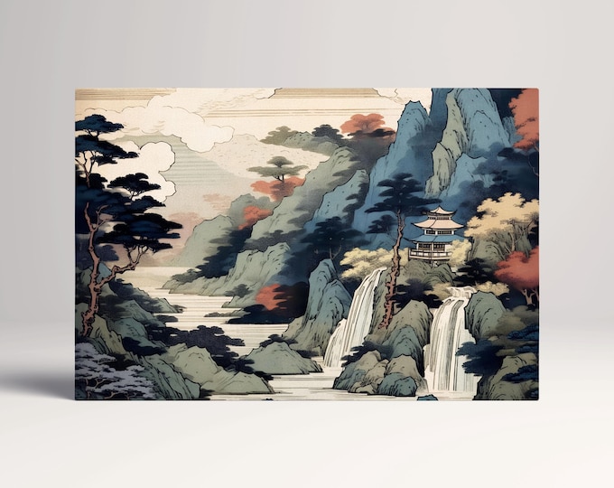 Waterfall Pagoda Ukiyo-e Wall Art Eco Leather Home Decor Canvas Print, Made in Italy!