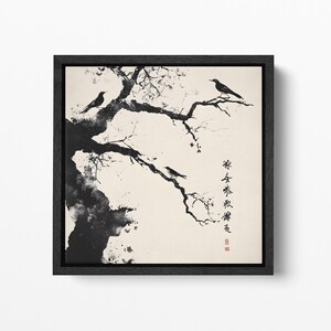 Sussurri della Natura: Uccelli sul Ramo - Arte con Calligrafia Cinese Stampa su Tela in Pelle Ecologica Made in Italy