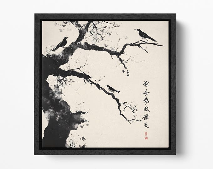 Whispers of Nature: Birds on Branch - Chinese Calligraphy Art Eco Leather Canvas Print Made in Italy!
