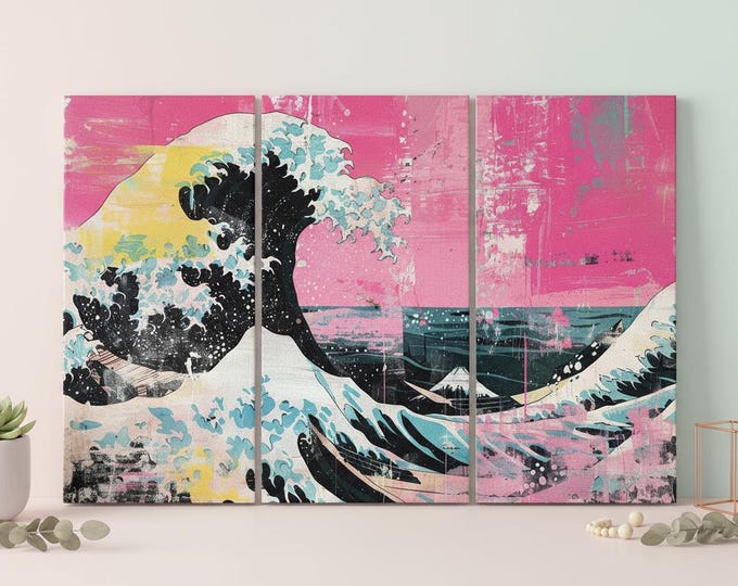 The Great Wave Off Kanagawa Punk Edition in Pink Canvas Eco Leather Print Reproduction, Made in Italy!