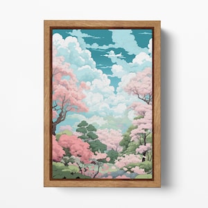 ¡Impresión decorativa de lona de cuero ecológico con diseño de nubes de Sakura inspiradas en el anime y un jardín japonés, fabricado en Italia!