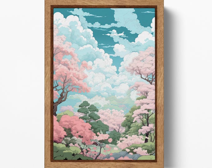 Anime-Inspired Sakura Clouds Japanese Garden Wall Art Eco Leather Canvas Wall Decor Print, Made in Italy!