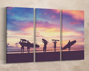 3 Pieces Surfer Silhouette Vintage Filter Leather Print/Extra Large Wall Art/Extra Large Wall Decor/Made in Italy/Better than Canvas!
