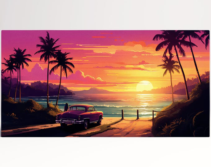 Tropical Hawaii Sunset Escape Wall Decor Eco Leather Canvas Print, Made in Italy!