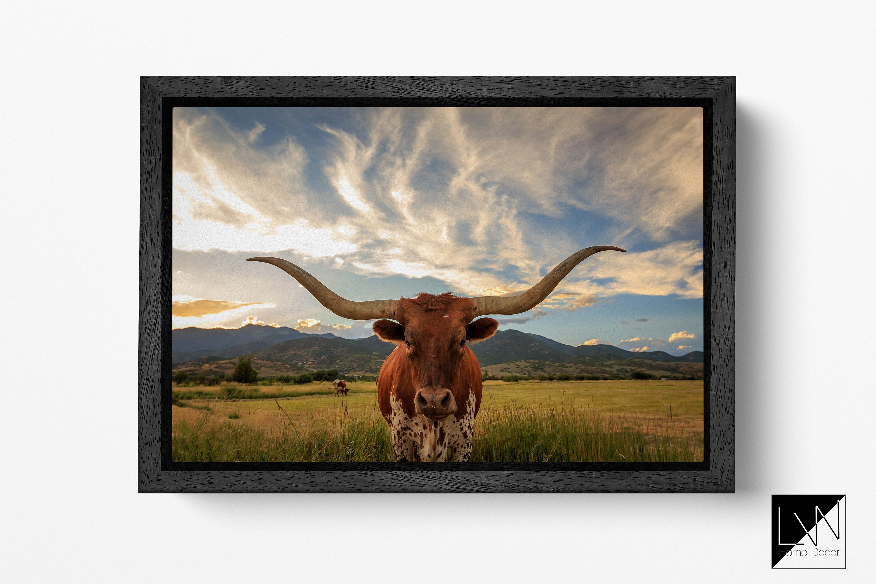 Texas longhorn steer with floating frame canvas leather print/Large